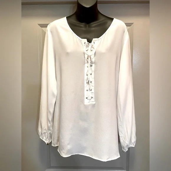 ACROBAT Ivory White Silk Lace Up Blouse L - Picture 2 of 12